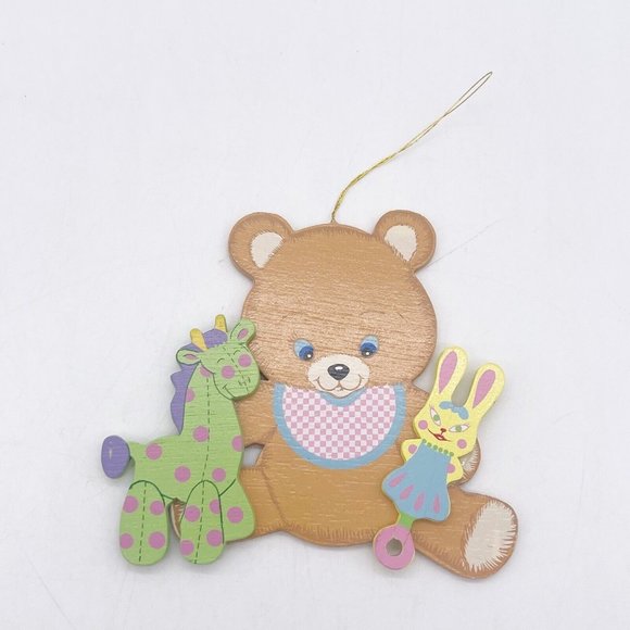 Vintage Wooden Teddy Bear Oranament Holding Rattle Horse Pastel Colors 4" Taiwan - Picture 7 of 8